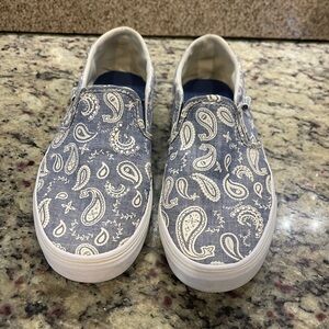 Vans Classic Slip On Blue White Distressed Paisley Skateboard Sneaker Womens 7